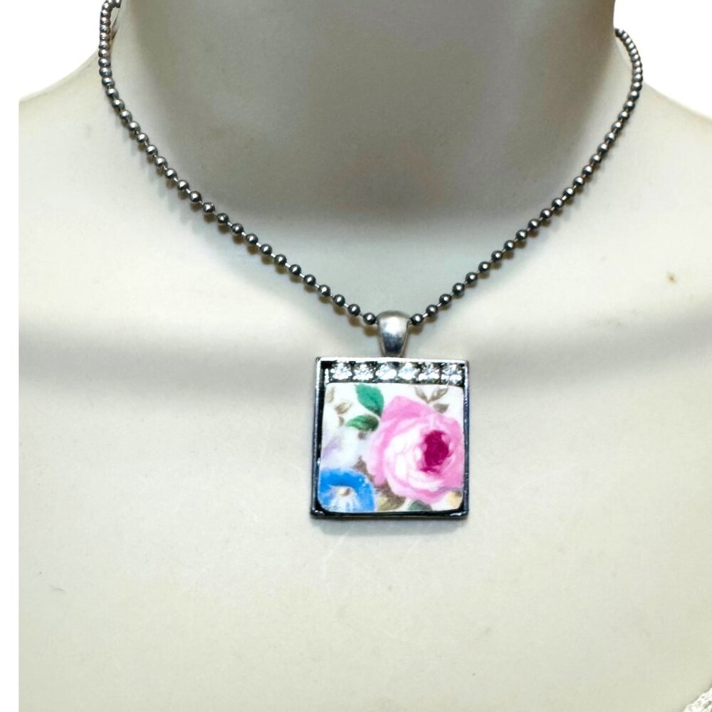 Homer Laughlin Floral Broken China  Square Pendant with Rhinestones Necklace - Picture 10 of 15